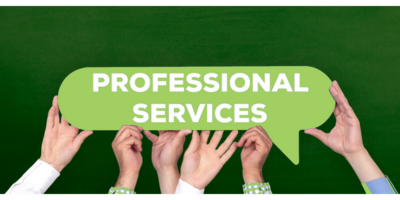 4 A group of hands holding up a light green sign that reads "professional services"
