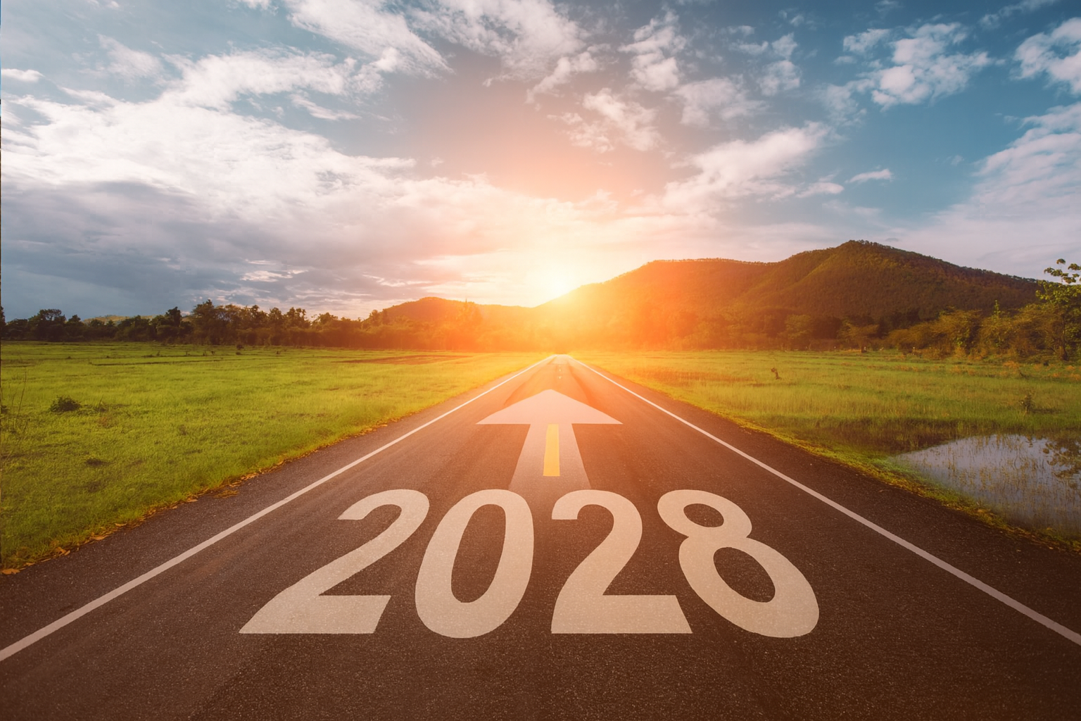shutterstock_1706353342_2028_Rvsd a road with the year 2028 on the pavement with a sunset at the end of it