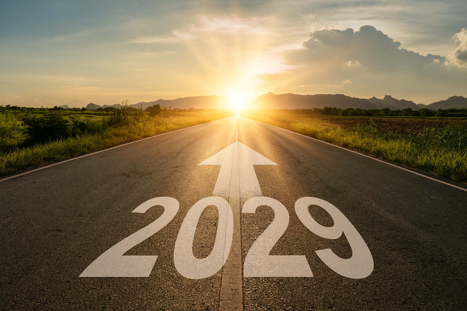 shutterstock_1946870842_2029_Rvsd a road with the year 2029 on the pavement with a sunset at the end of it