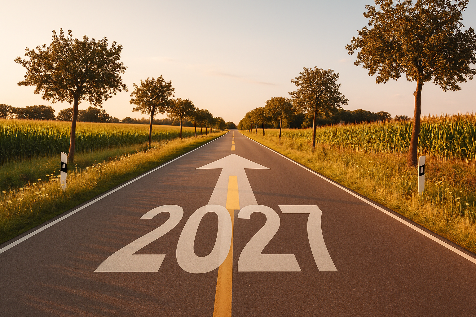 shutterstock_2497494755_2027_Rvsd a road with the year 2027 on the pavement with a sunset at the end of it