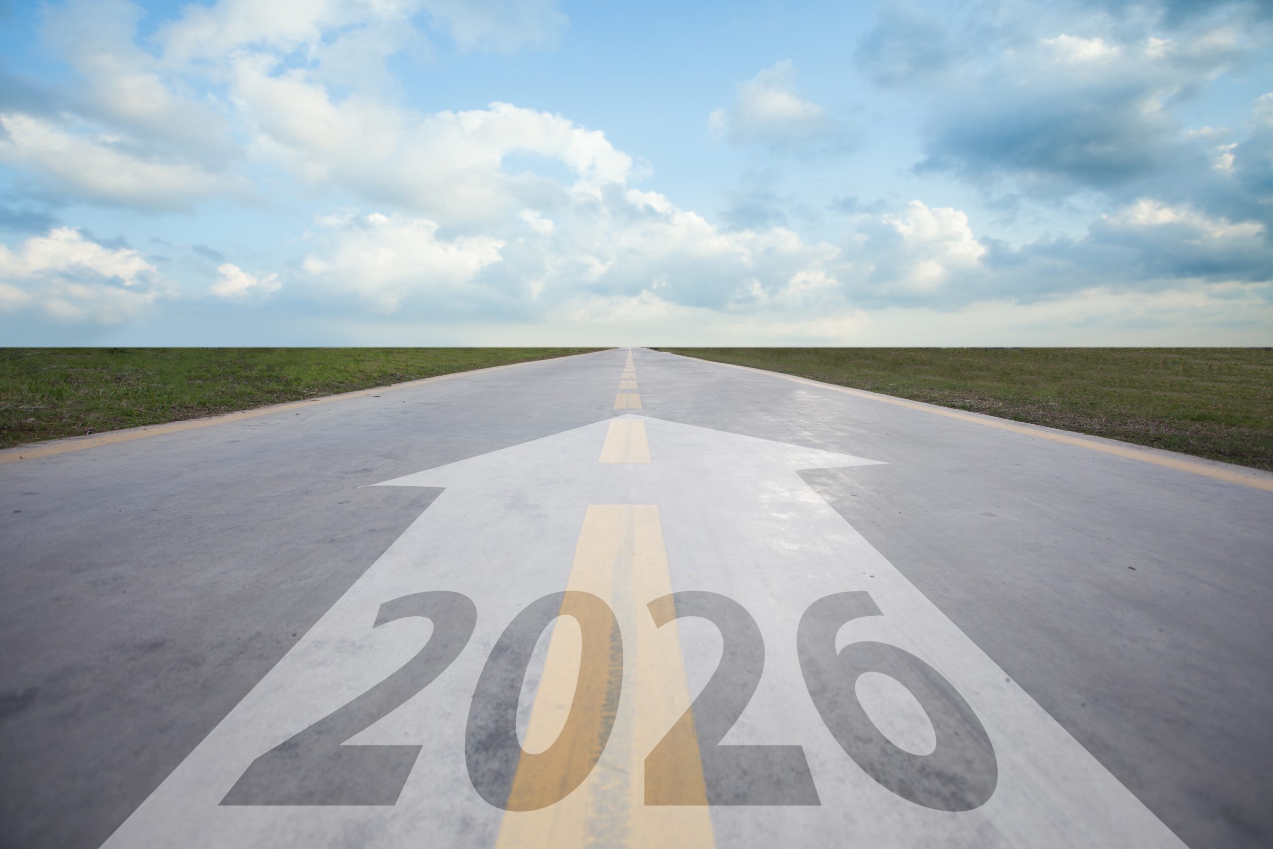 Highway,Road,To,2026.,Empty,Road,With,Written,2026,And a road with the year 2026 on the pavement