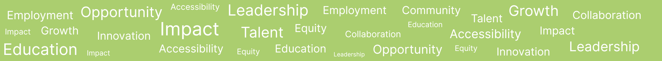 Heading (1080 x 100 px) (2160 x 200 px) (2) A word cloud featuring the words Opportunity, Talent, Empowerment, Growth, Education, Leadership, Community, Impact, Accessibility, Collaboration, and Equity
